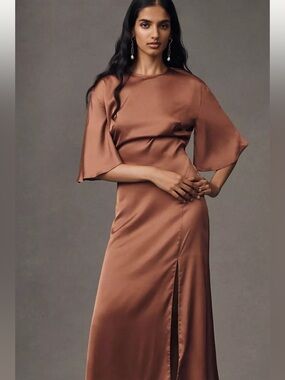 NWT BHLDN Satin Long-Sleeve Midi Dress in Copper Brown